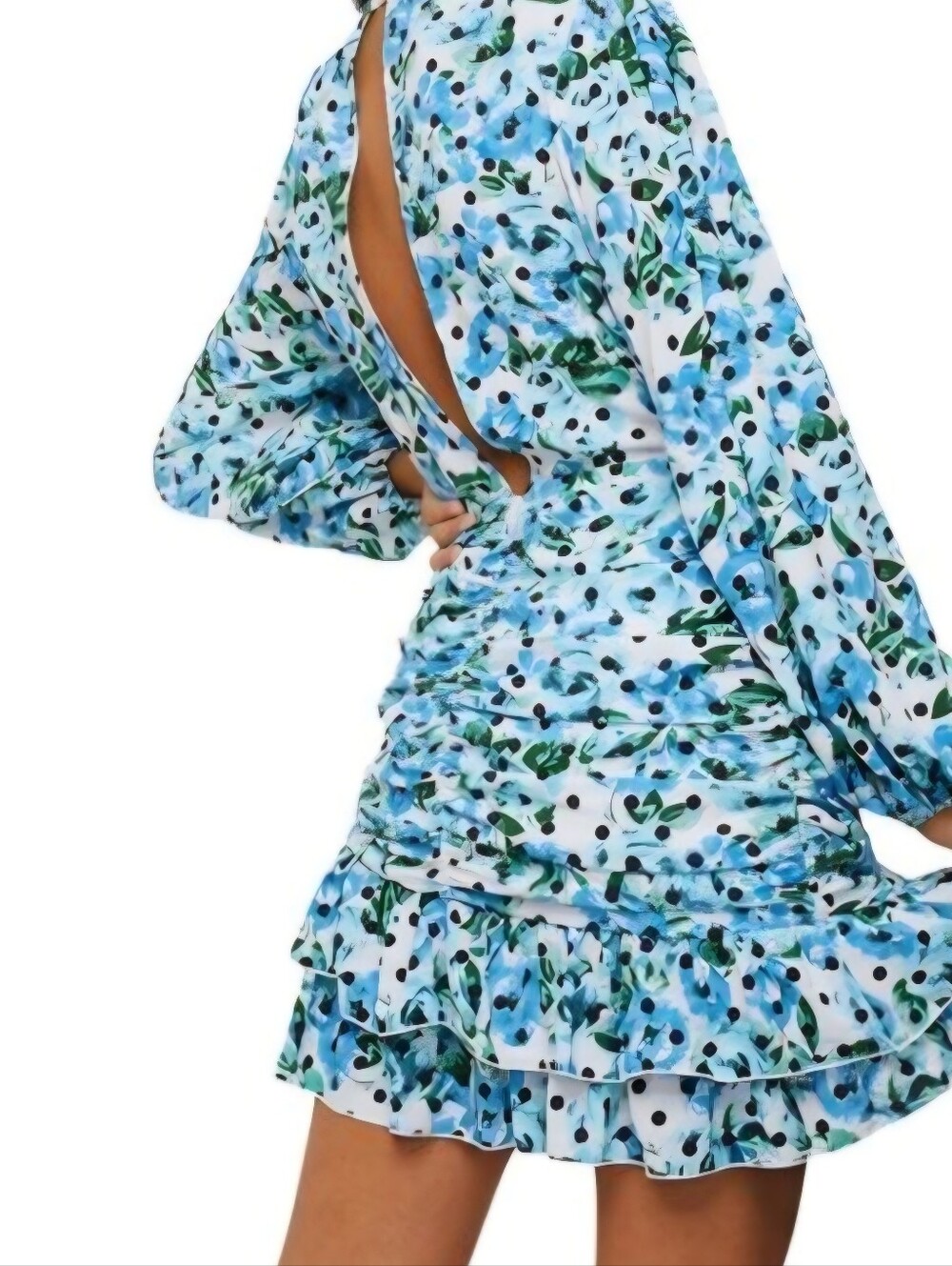 Romantic Blue Floral Polka Dot Ruched Ruffle Mini Dress Open Back US 4 - Picture 5 of 10